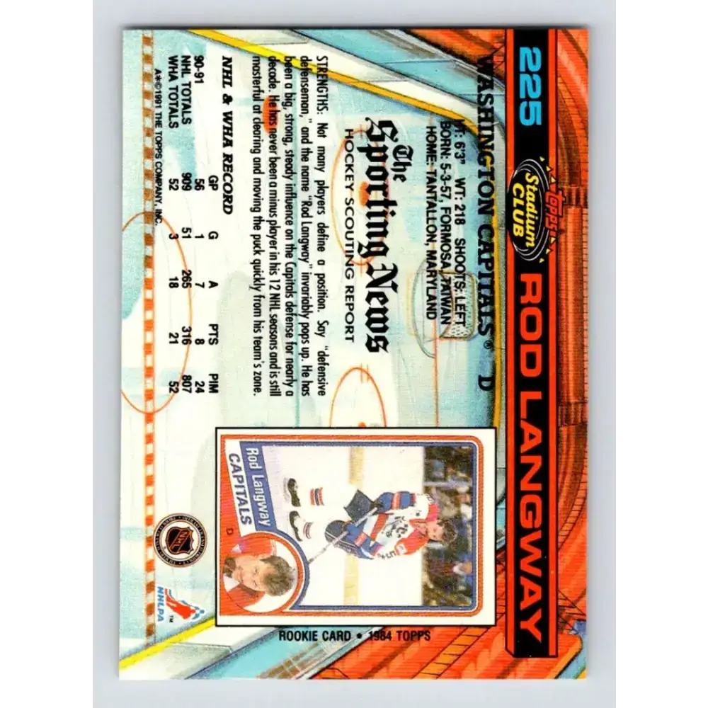 1991-92 Topps Stadium Club #225 Rod Langway NM-MT Washington Capitals Hockey Card - Hockey Card Single