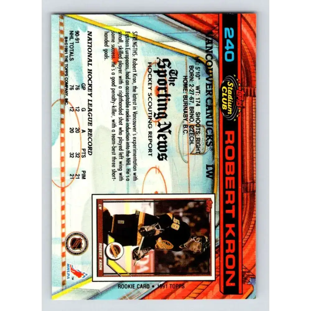 1991-92 Topps Stadium Club #240 Robert Kron NM-MT Vancouver Canucks Hockey Card - Hockey Card Single