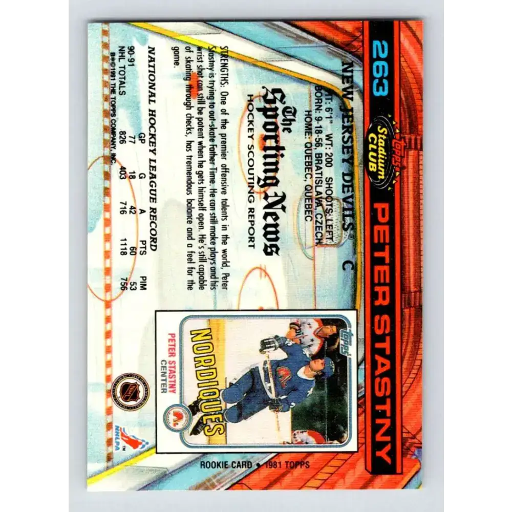 1991-92 Topps Stadium Club #263 Peter Stastny NM-MT New Jersey Devils Hockey Card - Hockey Card Single