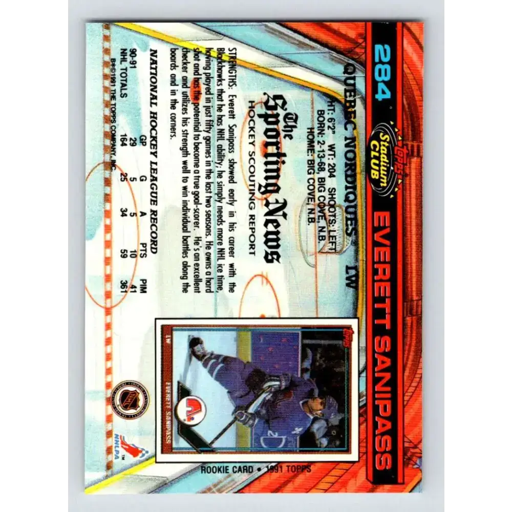 1991-92 Topps Stadium Club #284 Everett Sanipass NM-MT Quebec Nordiques Hockey Card - Hockey Card Single