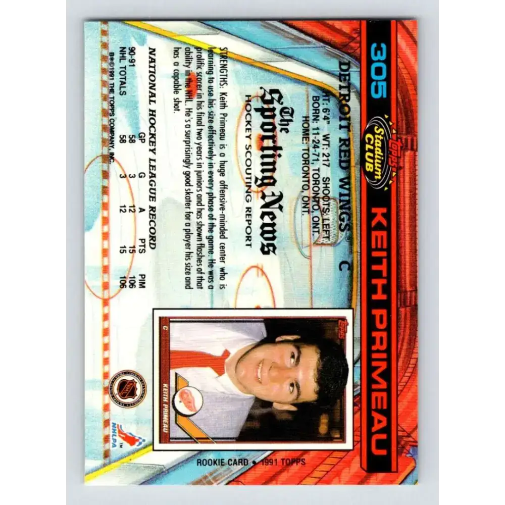 1991-92 Topps Stadium Club #305 Keith Primeau NM-MT Detroit Red Wings Hockey Card - Hockey Card Single