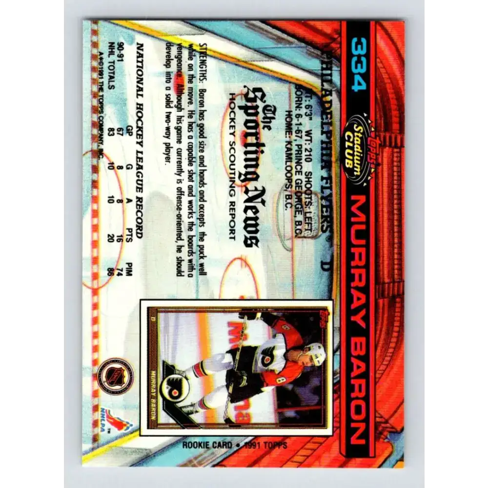 1991-92 Topps Stadium Club #334 Murray Baron NM-MT Philadelphia Flyers Hockey Card - Hockey Card Single