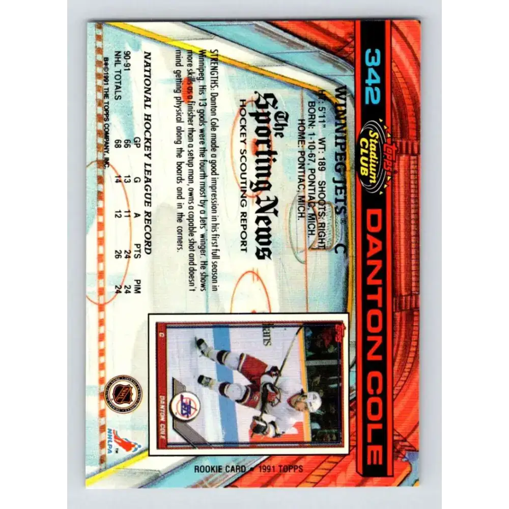 1991-92 Topps Stadium Club #342 Danton Cole NM-MT Winnipeg Jets Hockey Card - Hockey Card Single