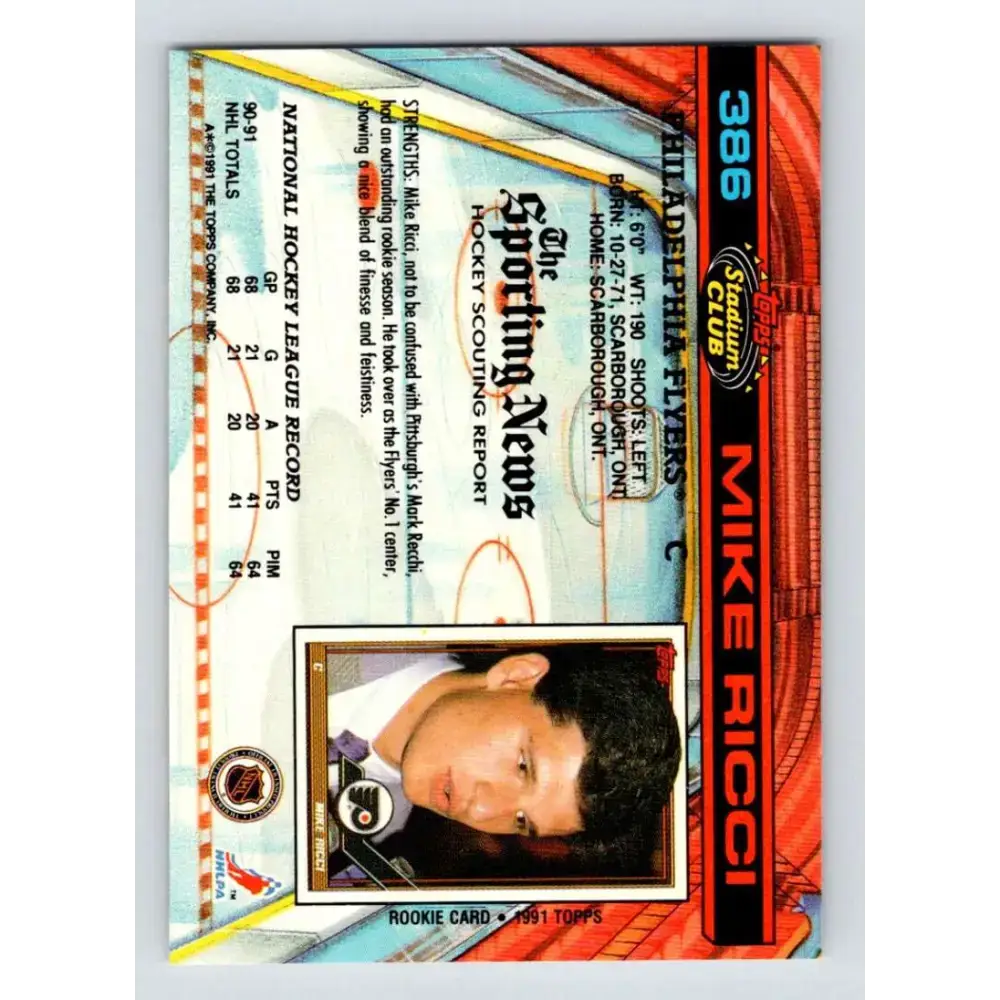 1991-92 Topps Stadium Club #386 Mike Ricci NM-MT Philadelphia Flyers Hockey Card - Hockey Card Single