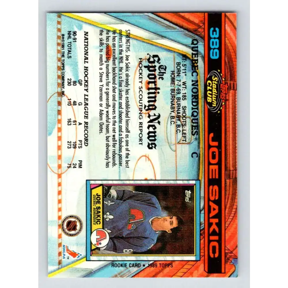 1991-92 Topps Stadium Club #389 Joe Sakic NM-MT Quebec Nordiques Hockey Card - Hockey Card Single