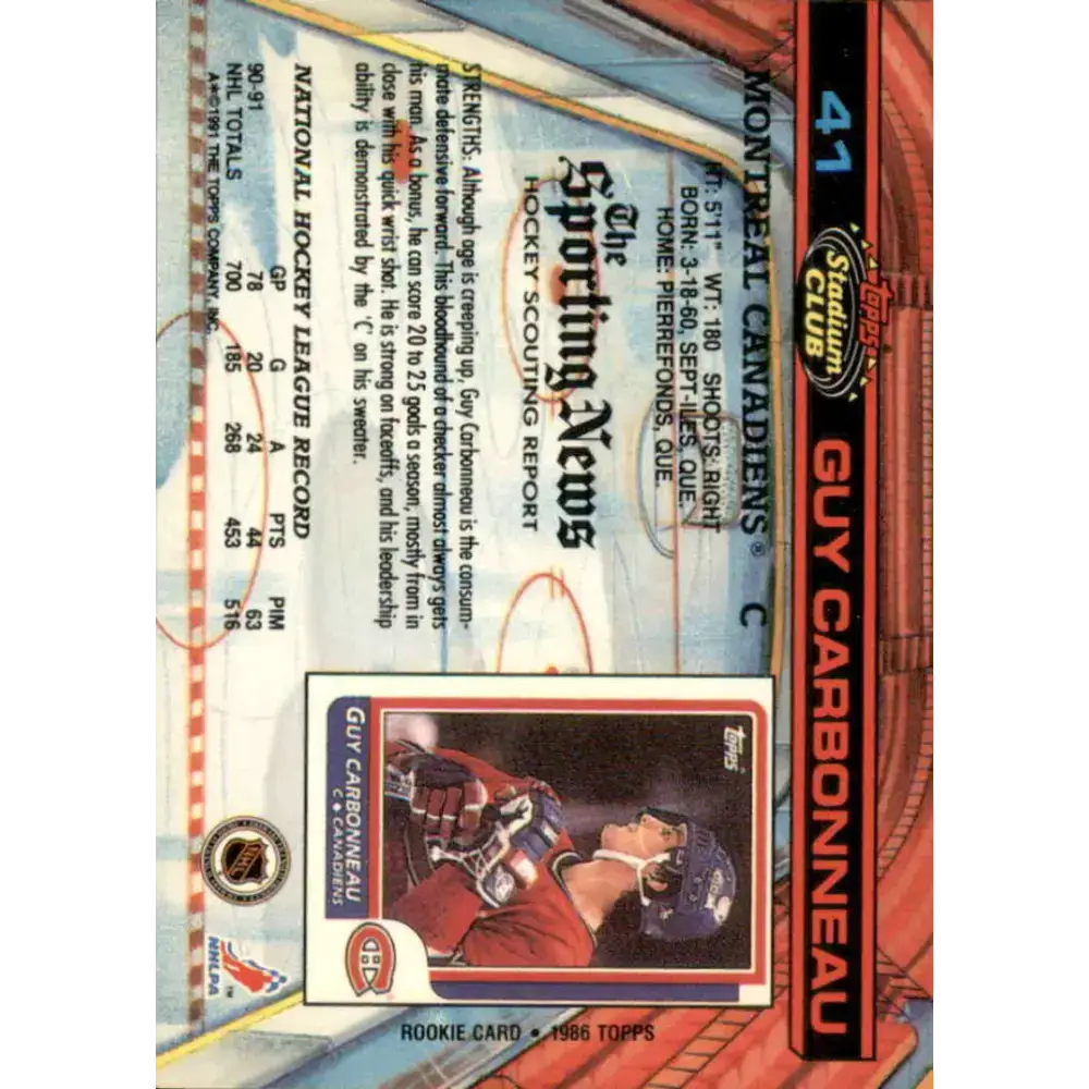 1991-92 Topps Stadium Club #41 Guy Carbonneau NM-MT Montreal Canadiens Hockey Card - Hockey Card Single