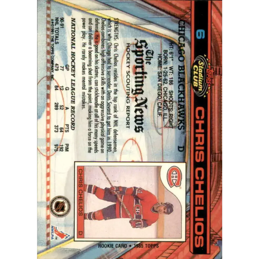 1991-92 Topps Stadium Club #6 Chris Chelios NM-MT Chicago Blackhawks Hockey Card - Hockey Card Single