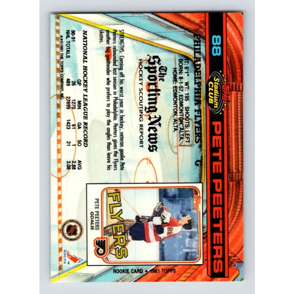 1991-92 Topps Stadium Club #88 Pete Peeters NM-MT Philadelphia Flyers Hockey Card - Hockey Card Single