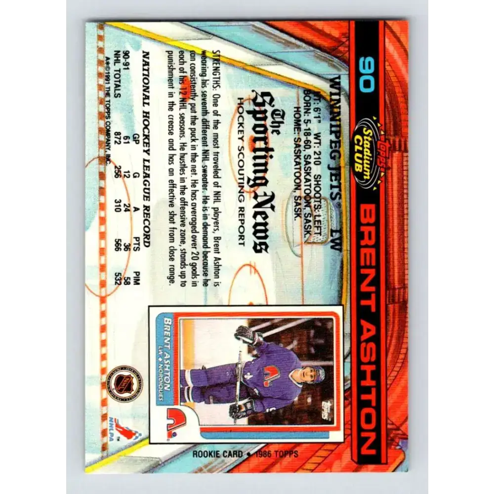 1991-92 Topps Stadium Club #90 Brent Ashton NM-MT Winnipeg Jets Hockey Card - Hockey Card Single
