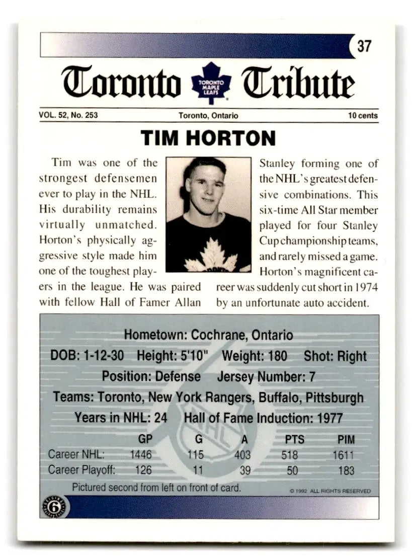 1991-92 Ultimate Original 6 #37 Miles Gilbert Horton - Hockey Card Single
