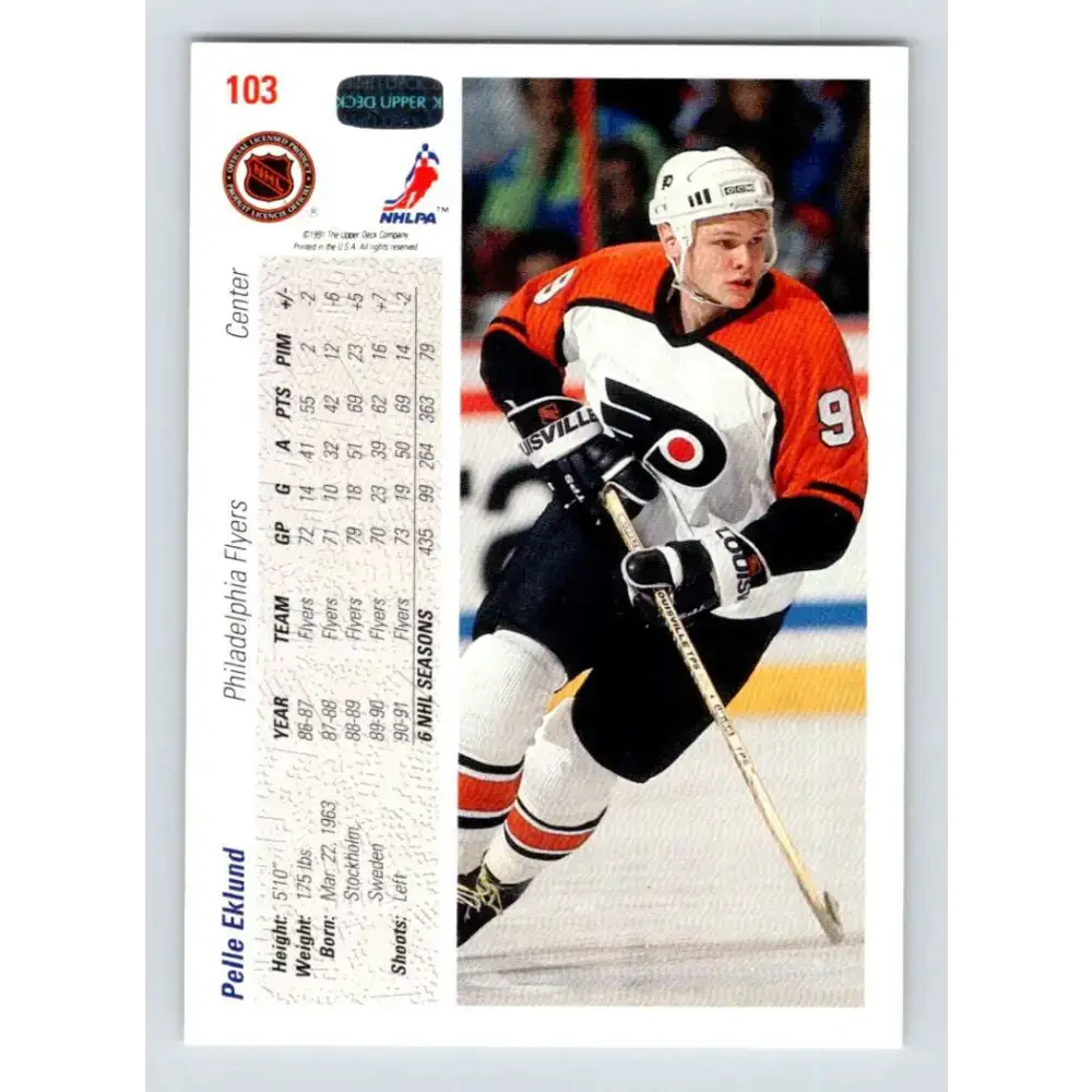 1991-92 Upper Deck #103 Pelle Eklund NM-MT Philadelphia Flyers Hockey Card - Hockey Card Single