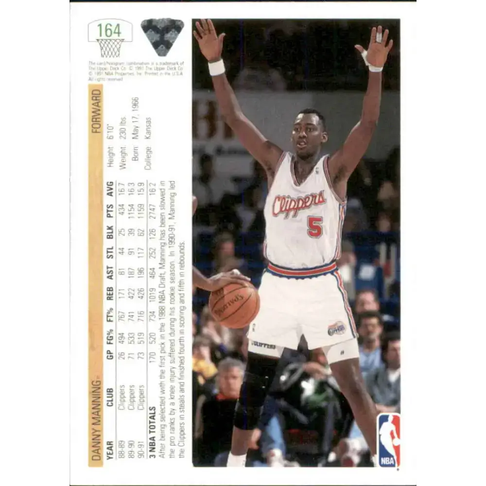 1991-92 Upper Deck #164 Danny Manning NM-MT Los Angeles Clippers Basketball Card - Basketball Card Single