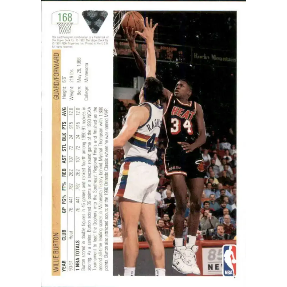 1991-92 Upper Deck #168 Willie Burton NM-MT Miami Heat Basketball Card - Basketball Card Single