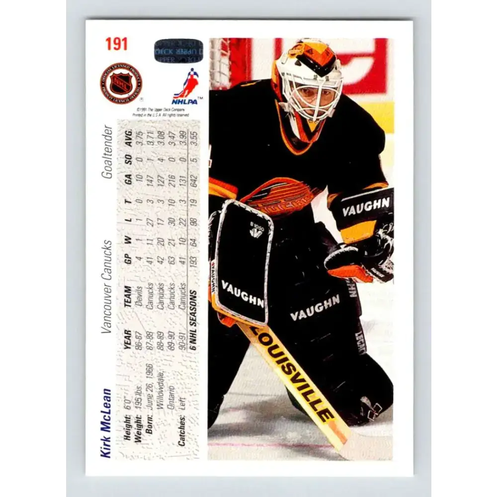 1991-92 Upper Deck #191 Kirk McLean NM-MT Vancouver Canucks Hockey Card - Hockey Card Single
