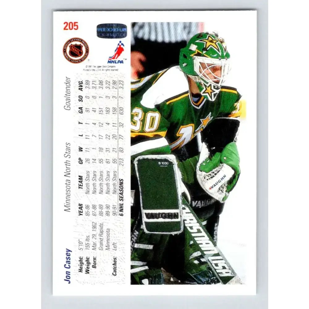 1991-92 Upper Deck #205 Jon Casey NM-MT Minnesota North Stars Hockey Card - Hockey Card Single