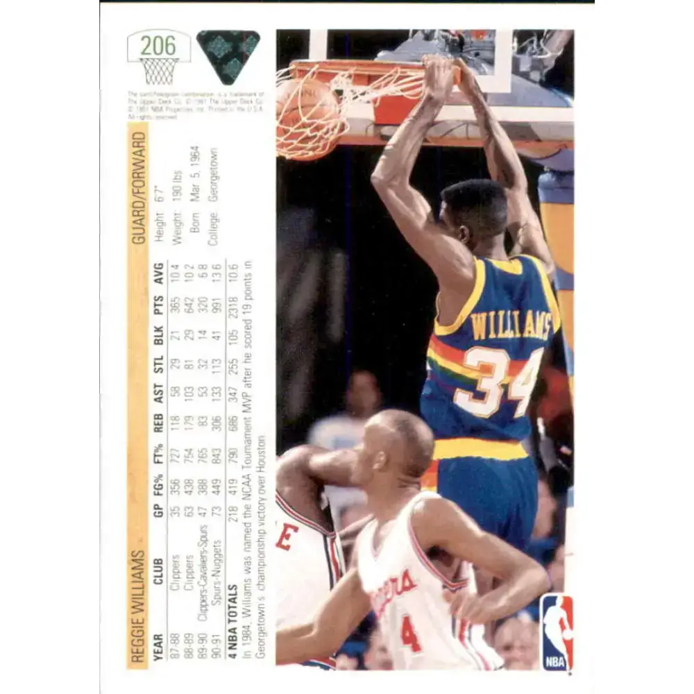 1991-92 Upper Deck #206 Reggie Williams NM-MT Denver Nuggets Basketball Card - Basketball Card Single