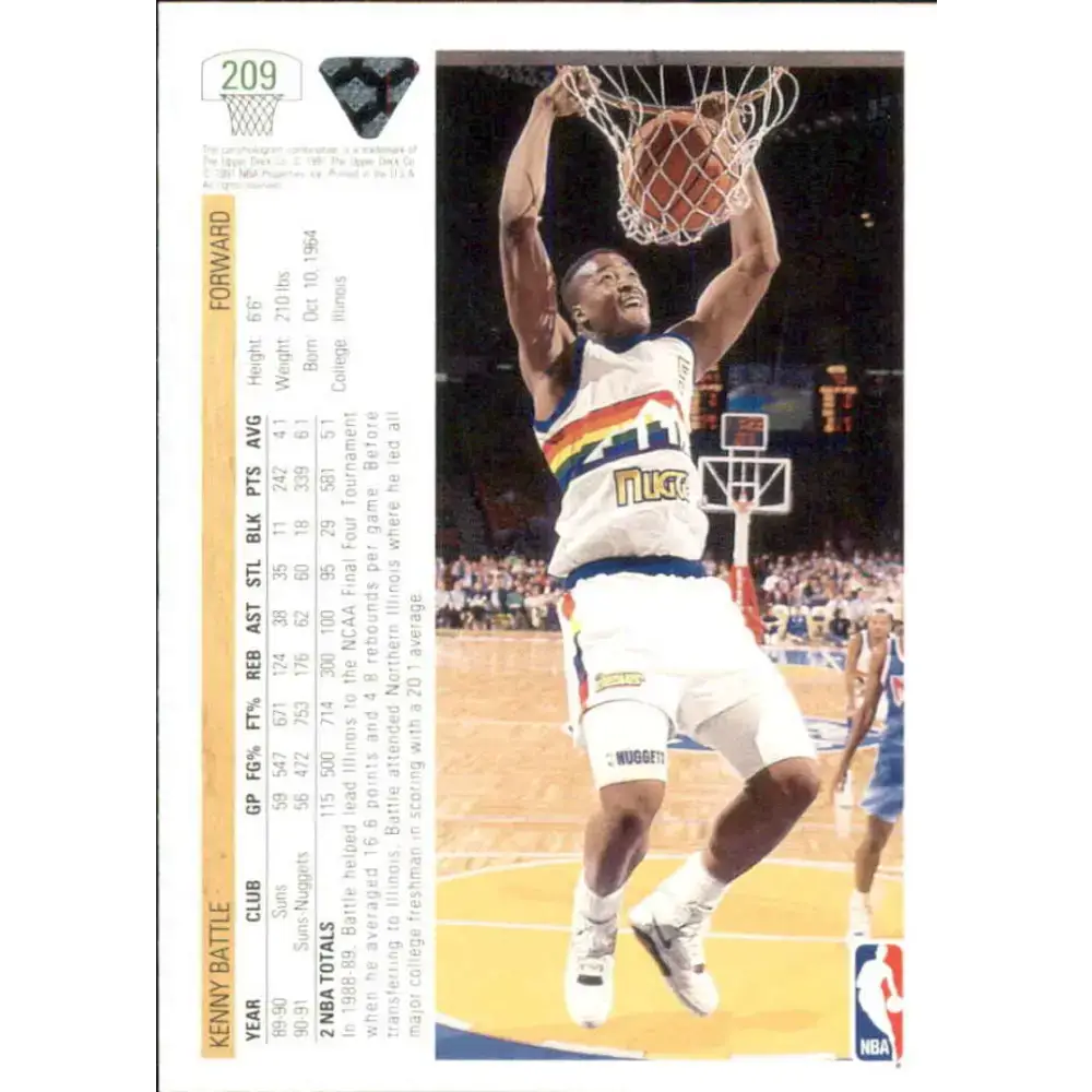 1991-92 Upper Deck #209 Kenny Battle NM-MT Denver Nuggets Basketball Card - Basketball Card Single