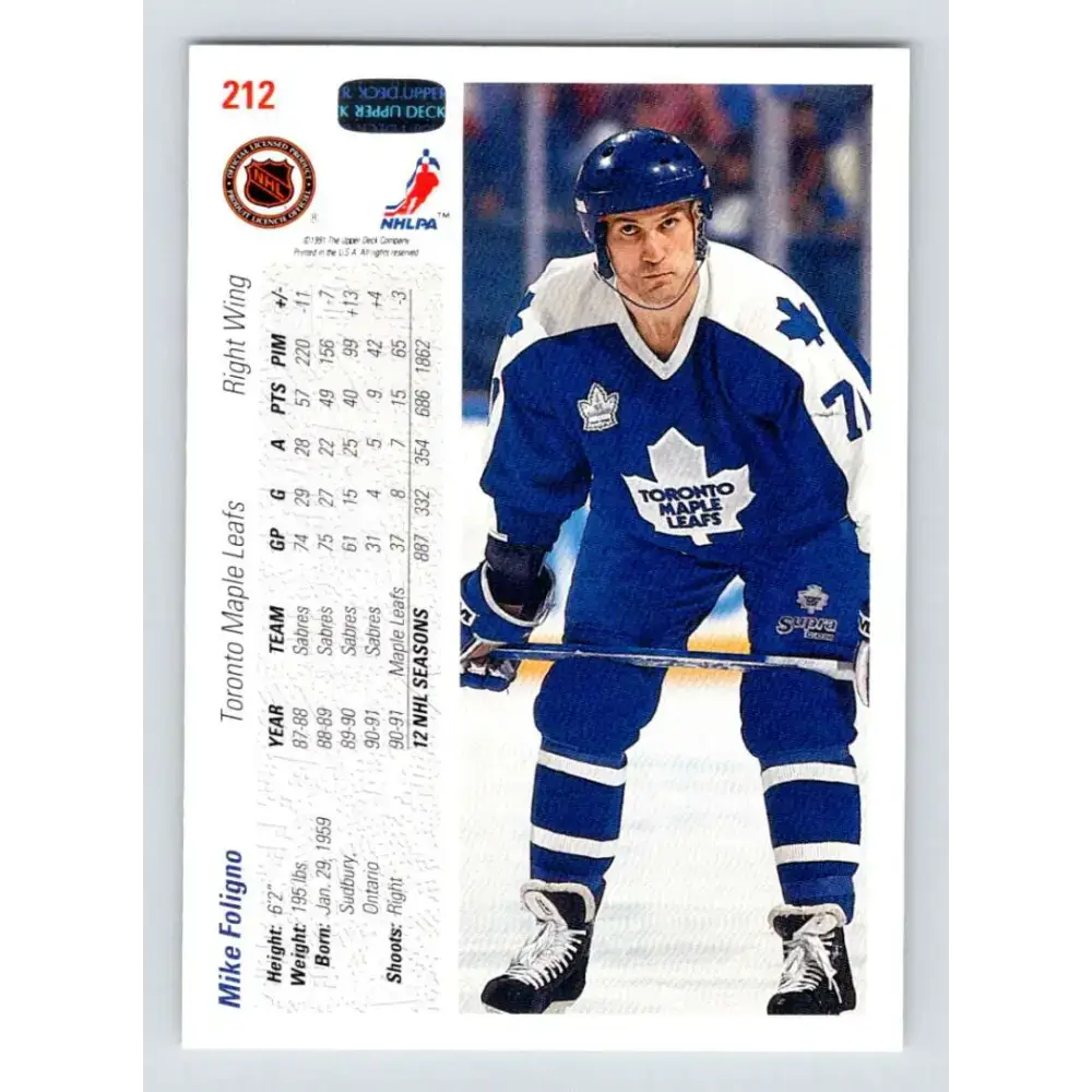 1991-92 Upper Deck #212 Mike Foligno NM-MT Hockey Card - Hockey Card Single