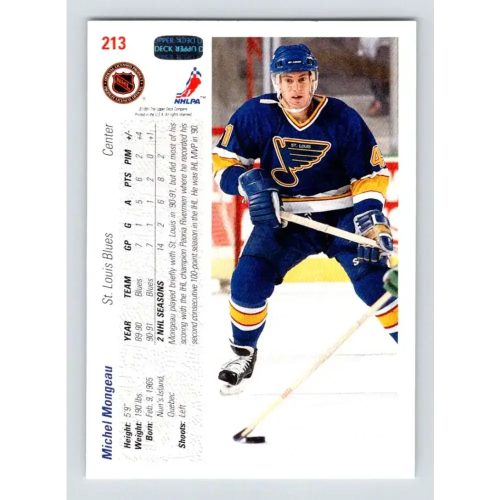 1991-92 Upper Deck #213 Michel Mongeau NM-MT Hockey Card - Hockey Card Single