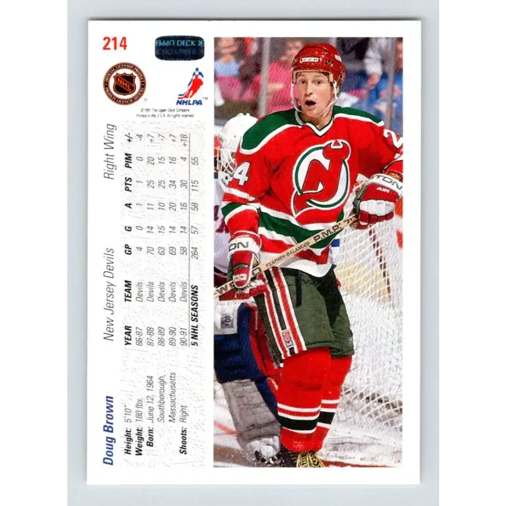 1991-92 Upper Deck #214 Doug Brown NM-MT New Jersey Devils Hockey Card - Hockey Card Single