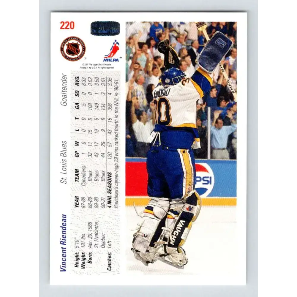1991-92 Upper Deck #220 Vincent Riendeau NM-MT Hockey Card - Hockey Card Single