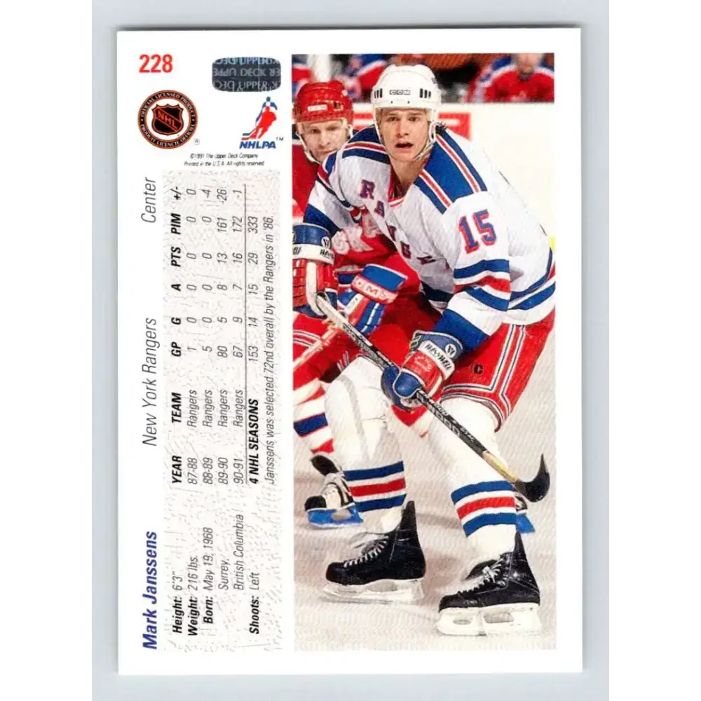 1991-92 Upper Deck #228 Mark Janssens NM-MT New York Rangers Hockey Card - Hockey Card Single