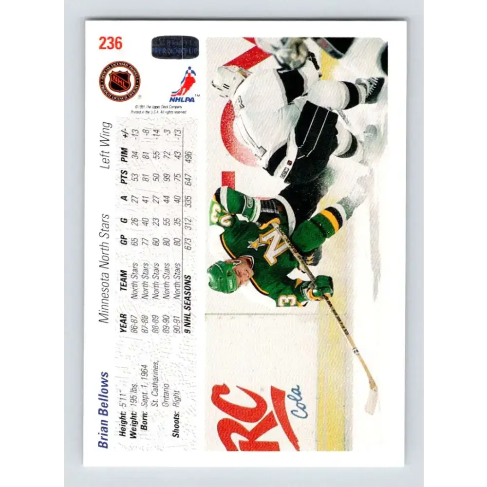 1991-92 Upper Deck #236 Brian Bellows NM-MT Minnesota North Stars Hockey Card - Hockey Card Single
