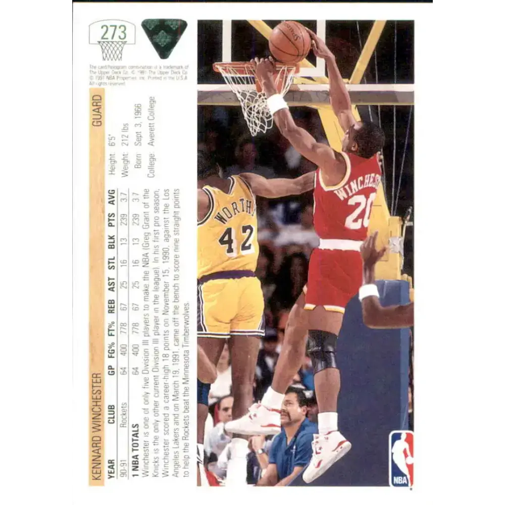 1991-92 Upper Deck #273 Kennard Winchester NM-MT RC Rookie Houston Rockets Basketball Card - Basketball Card Single