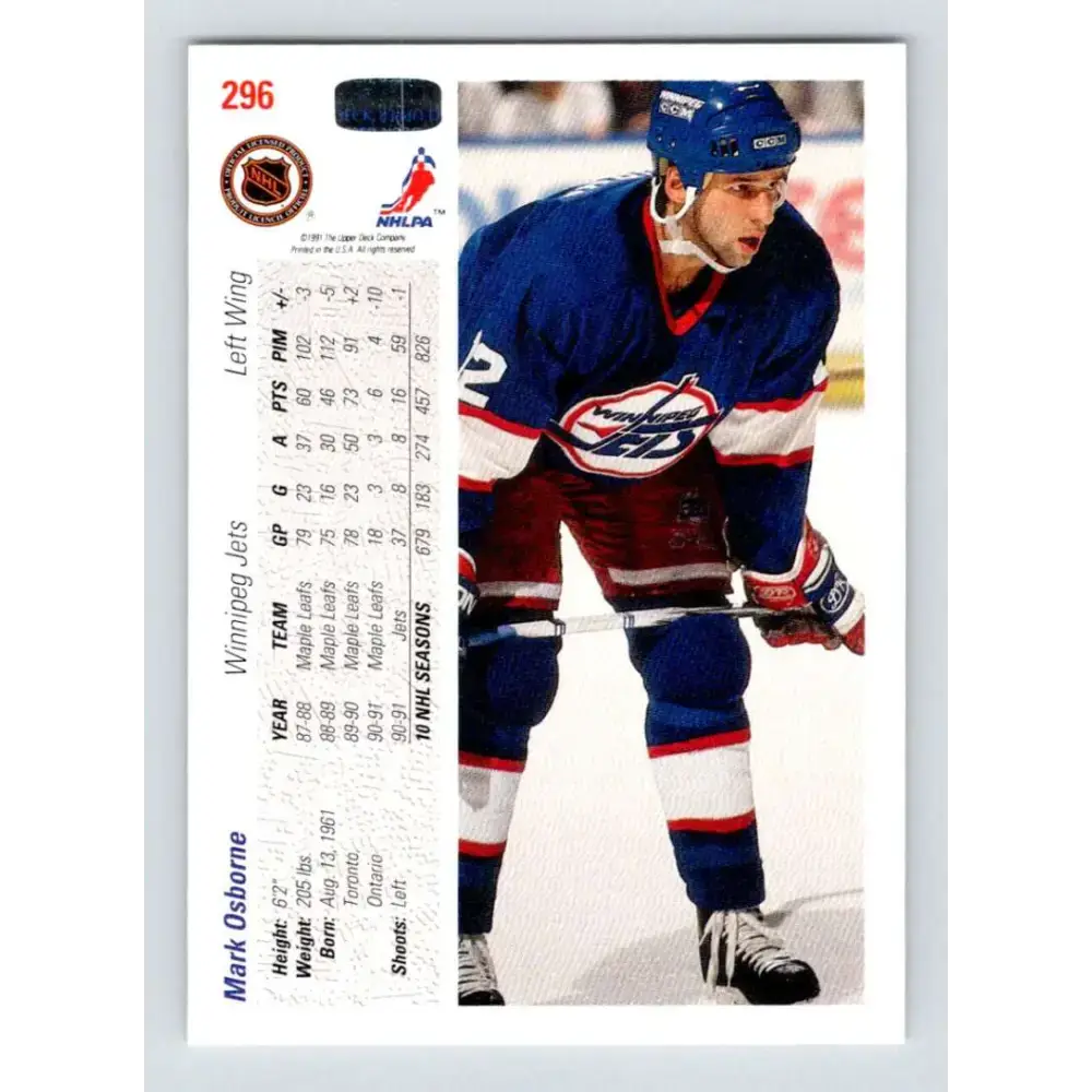 1991-92 Upper Deck #296 Mark Osborne NM-MT Winnipeg Jets Hockey Card - Hockey Card Single