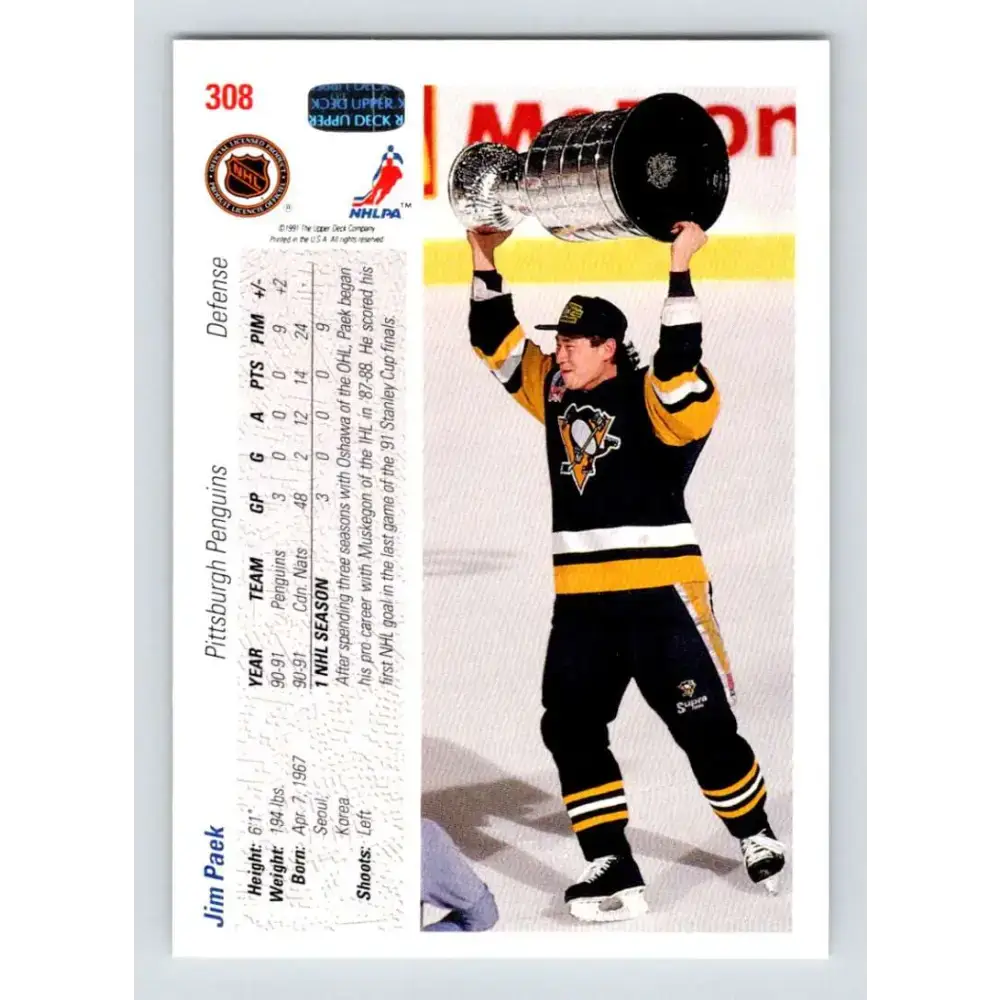 1991-92 Upper Deck #308 Jim Paek NM-MT RC Rookie Pittsburgh Penguins Hockey Card - Hockey Card Single