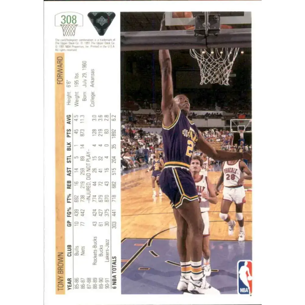 1991-92 Upper Deck #308 Tony Brown NM-MT Utah Jazz Basketball Card - Basketball Card Single