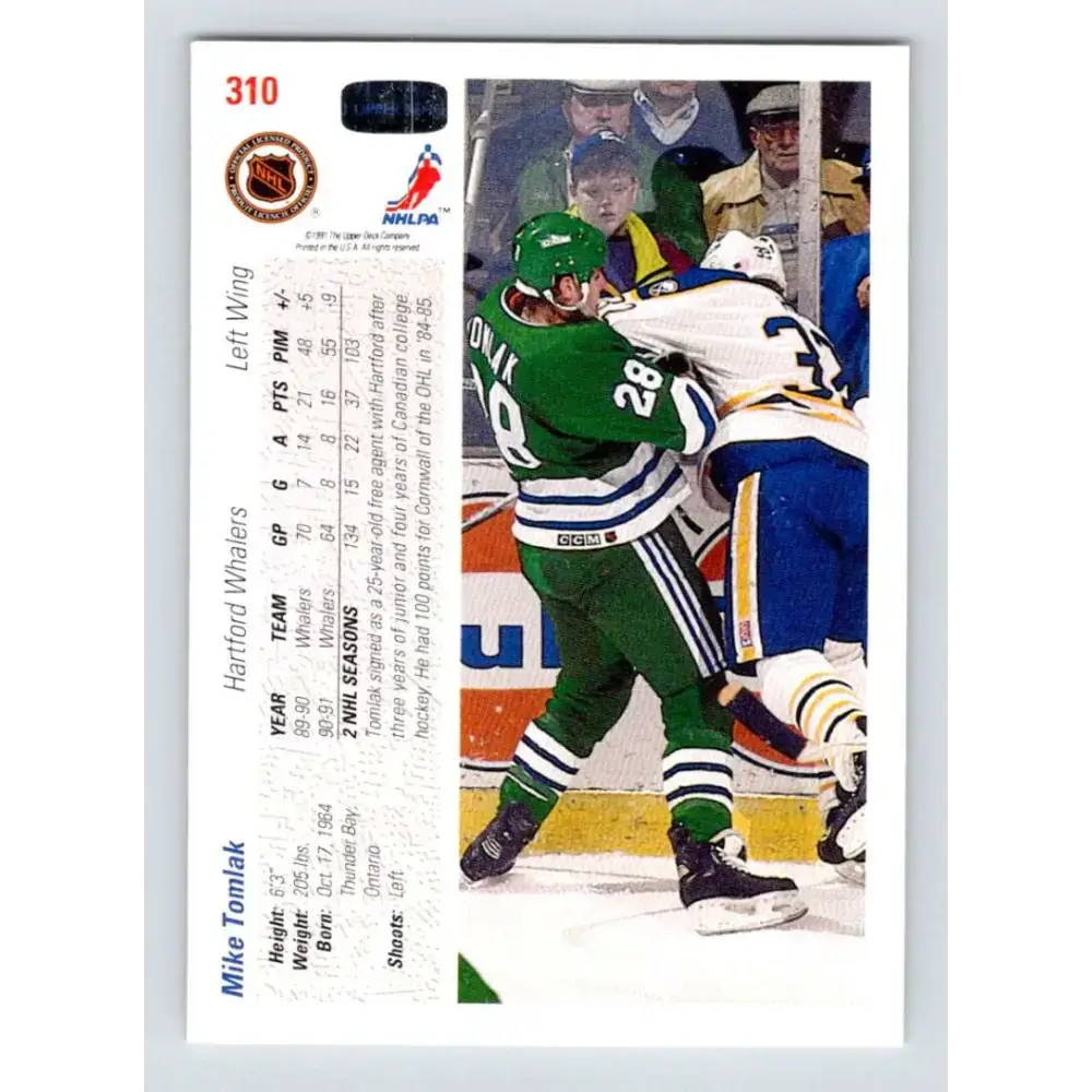 1991-92 Upper Deck #310 Mike Tomlak NM-MT Hartford Whalers Hockey Card - Hockey Card Single