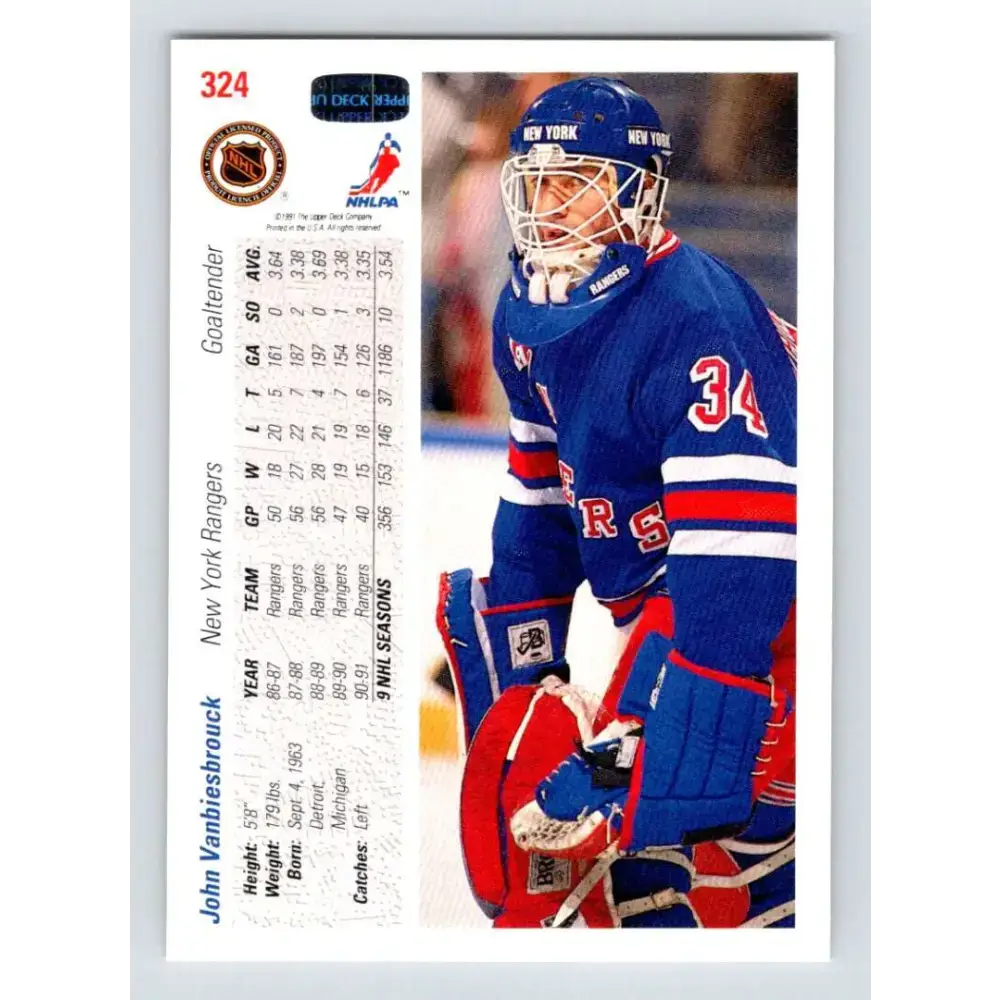 1991-92 Upper Deck #324 John Vanbiesbrouck NM-MT New York Rangers Hockey Card - Hockey Card Single