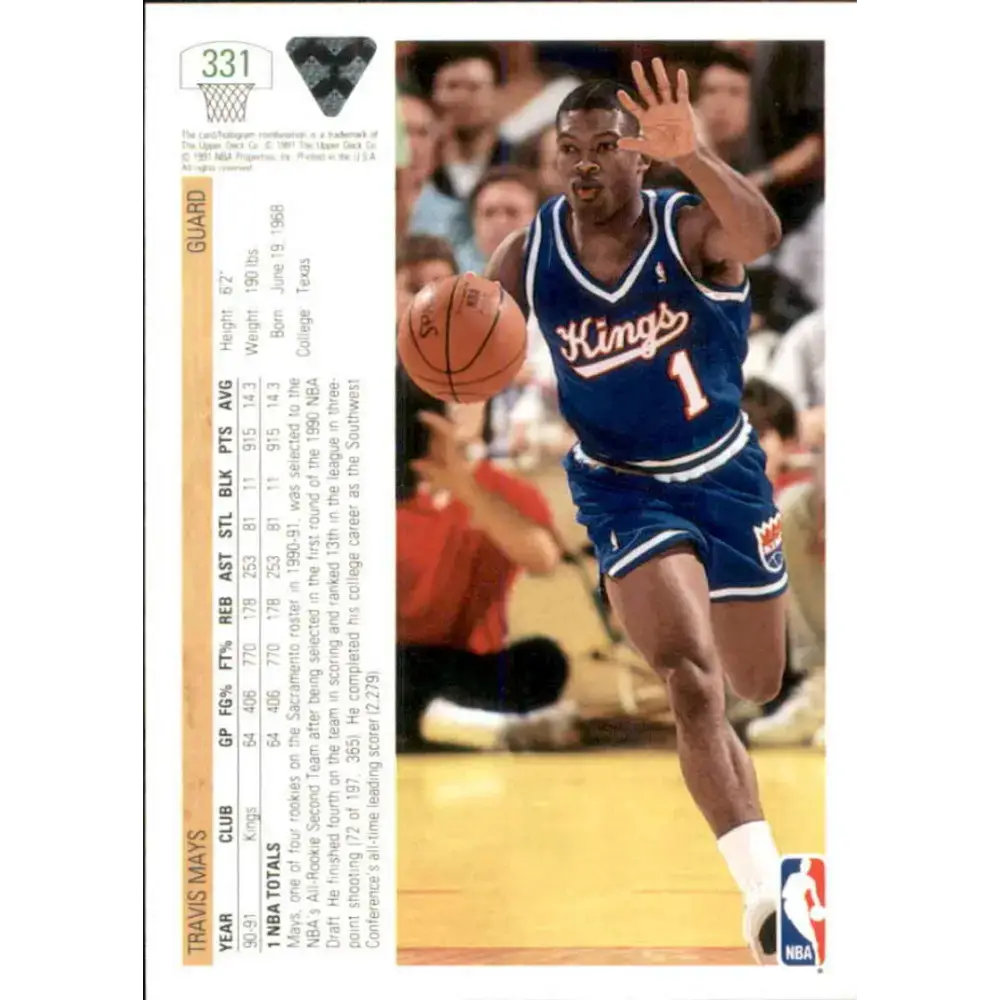 1991-92 Upper Deck #331 Travis Mays NM-MT Sacramento Kings Basketball Card - Basketball Card Single
