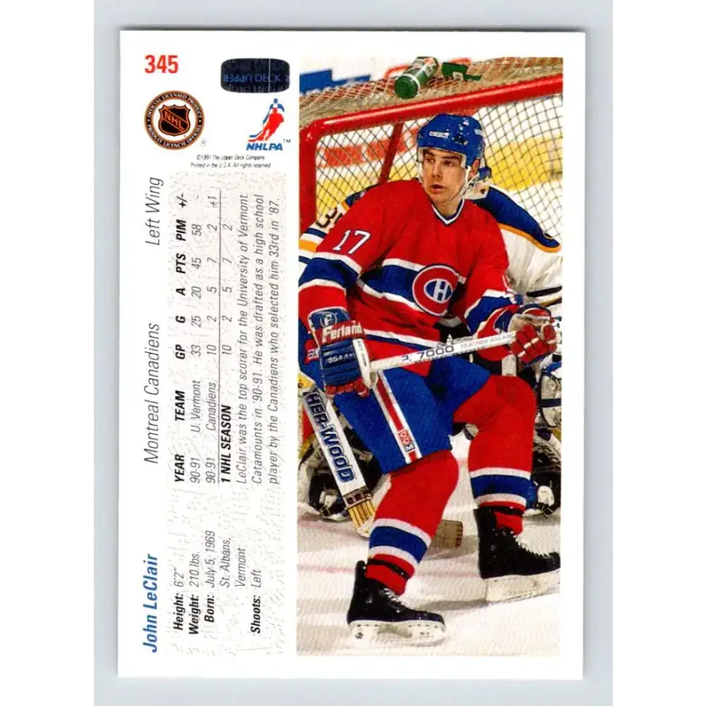 1991-92 Upper Deck #345 John LeClair NM-MT RC Rookie Montreal Canadiens Hockey Card - Hockey Card Single