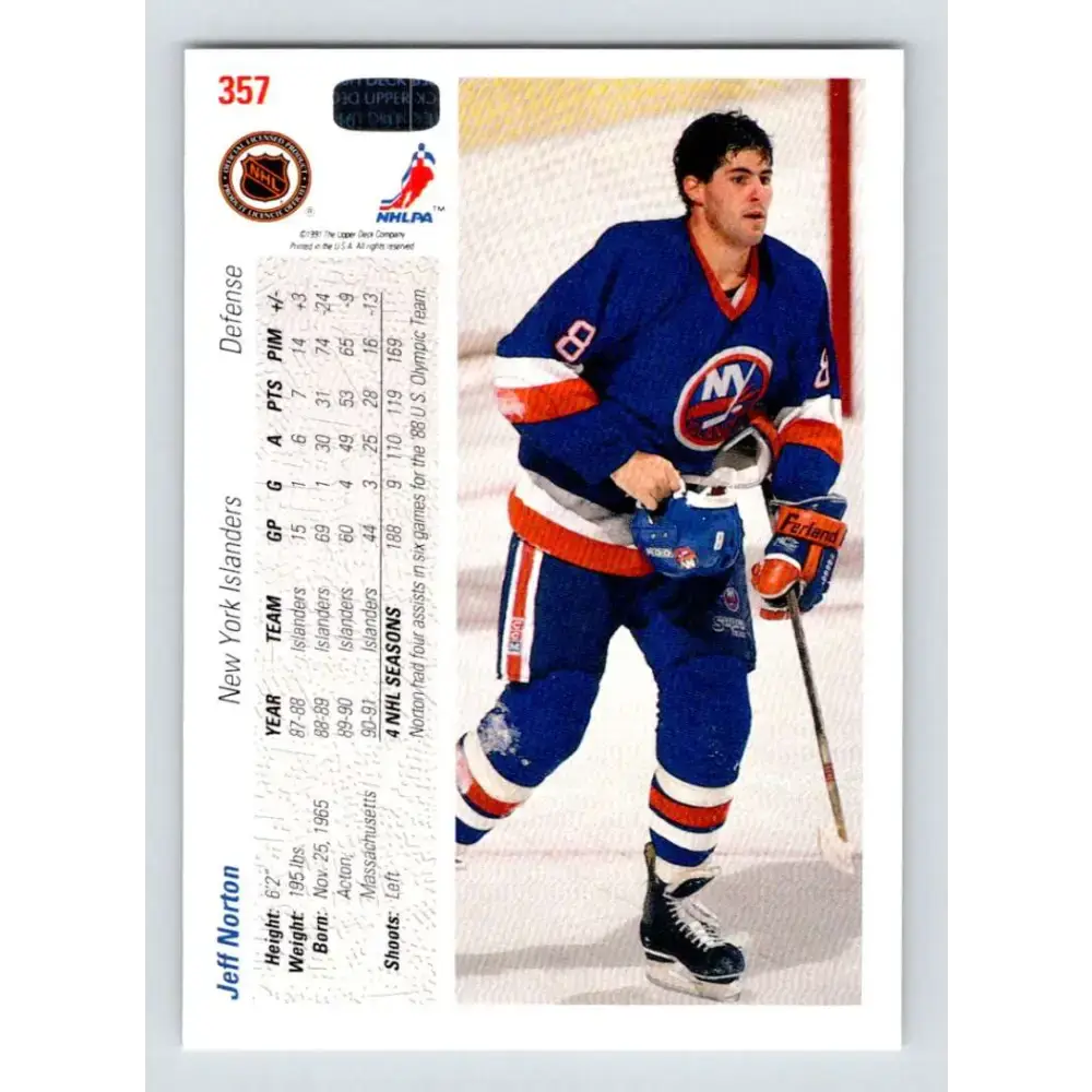 1991-92 Upper Deck #357 Jeff Norton NM-MT New York Islanders Hockey Card - Hockey Card Single