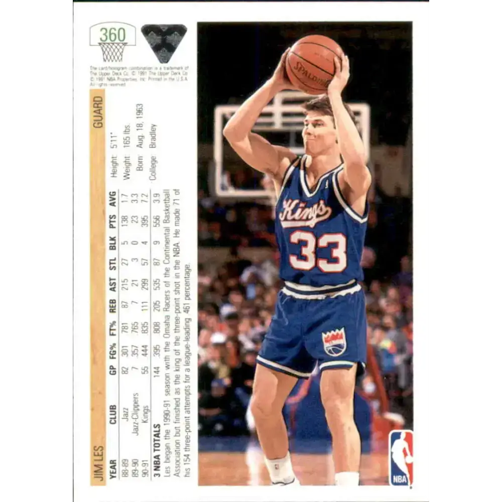 1991-92 Upper Deck #360 Jim Les NM-MT RC Rookie Sacramento Kings Basketball Card - Basketball Card Single