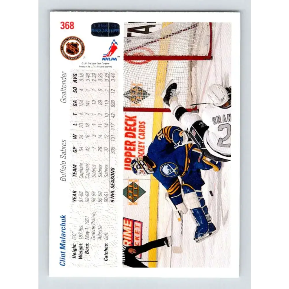 1991-92 Upper Deck #368 Clint Malarchuk NM-MT Buffalo Sabres Hockey Card - Hockey Card Single