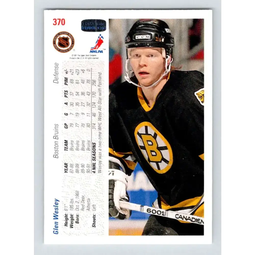 1991-92 Upper Deck #370 Glen Wesley NM-MT Boston Bruins Hockey Card - Hockey Card Single