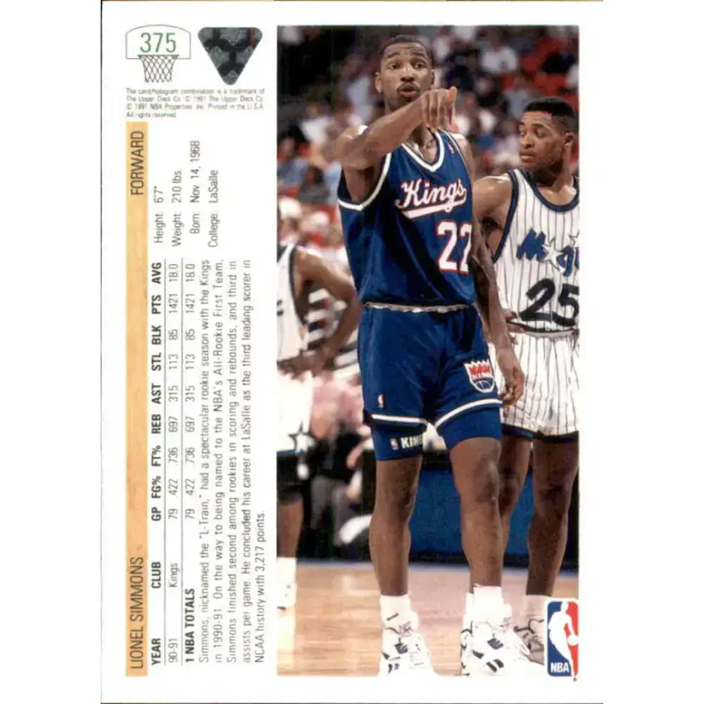 1991-92 Upper Deck #375 Lionel Simmons NM-MT Sacramento Kings Basketball Card - Basketball Card Single