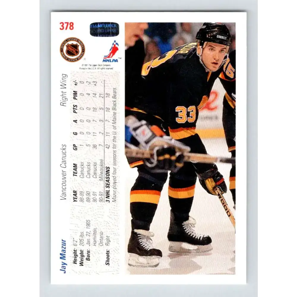 1991-92 Upper Deck #378 Jay Mazur NM-MT Vancouver Canucks Hockey Card - Hockey Card Single