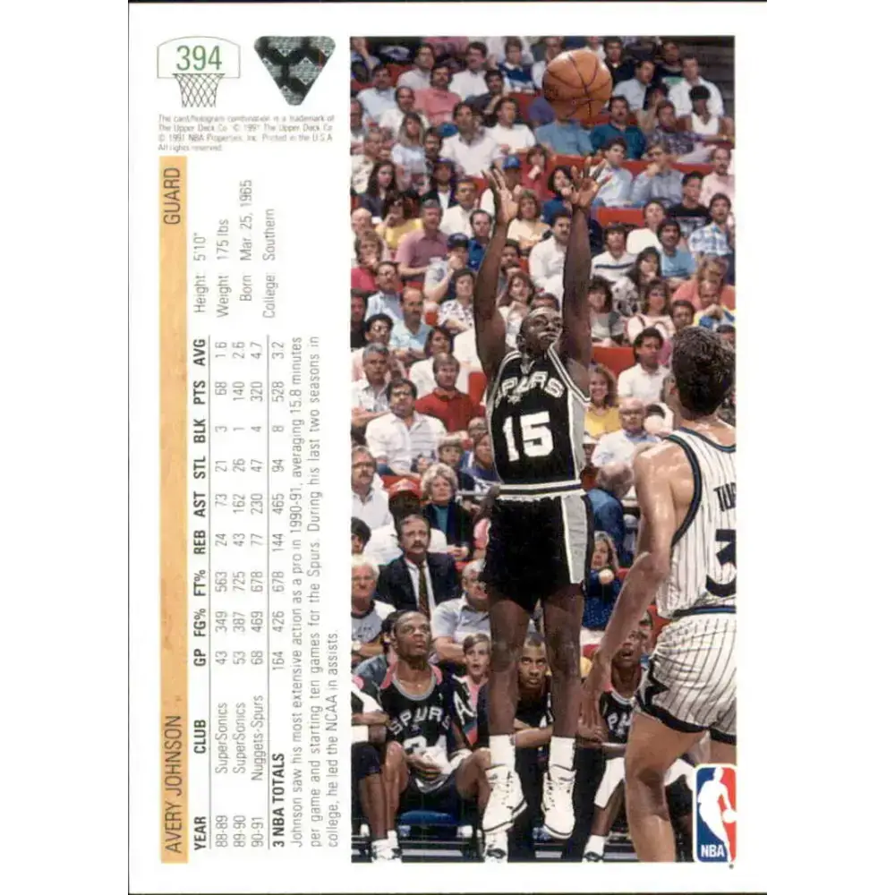 1991-92 Upper Deck #394 Avery Johnson NM-MT San Antonio Spurs Basketball Card - Basketball Card Single