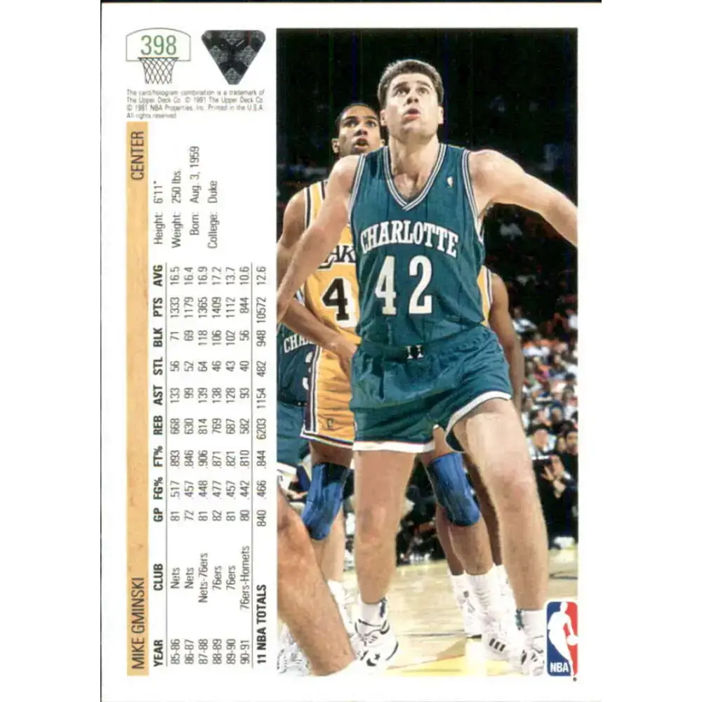 1991-92 Upper Deck #398 Mike Gminski NM-MT Charlotte Hornets Basketball Card - Basketball Card Single