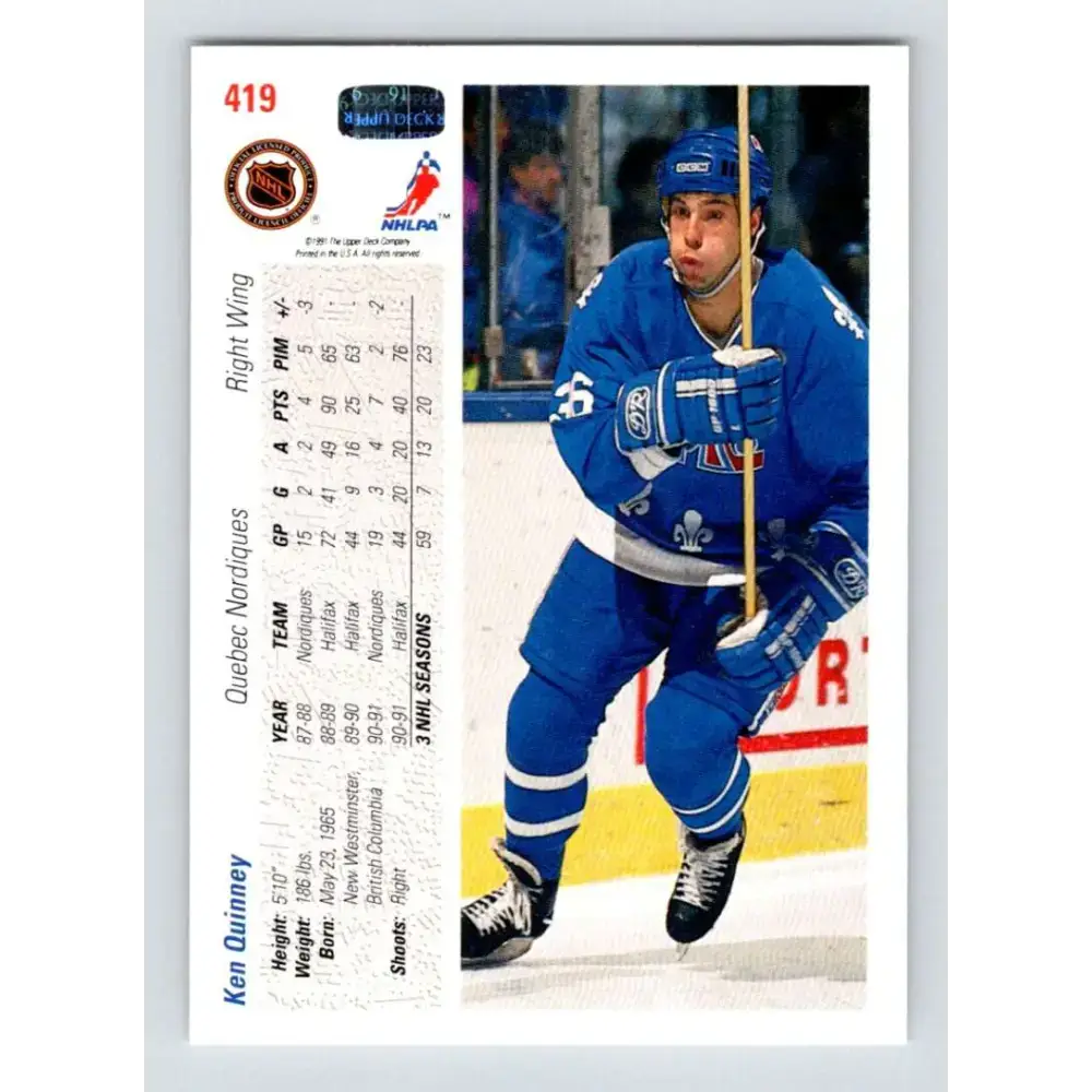 1991-92 Upper Deck #419 Ken Quinney NM-MT Hockey Card - Hockey Card Single
