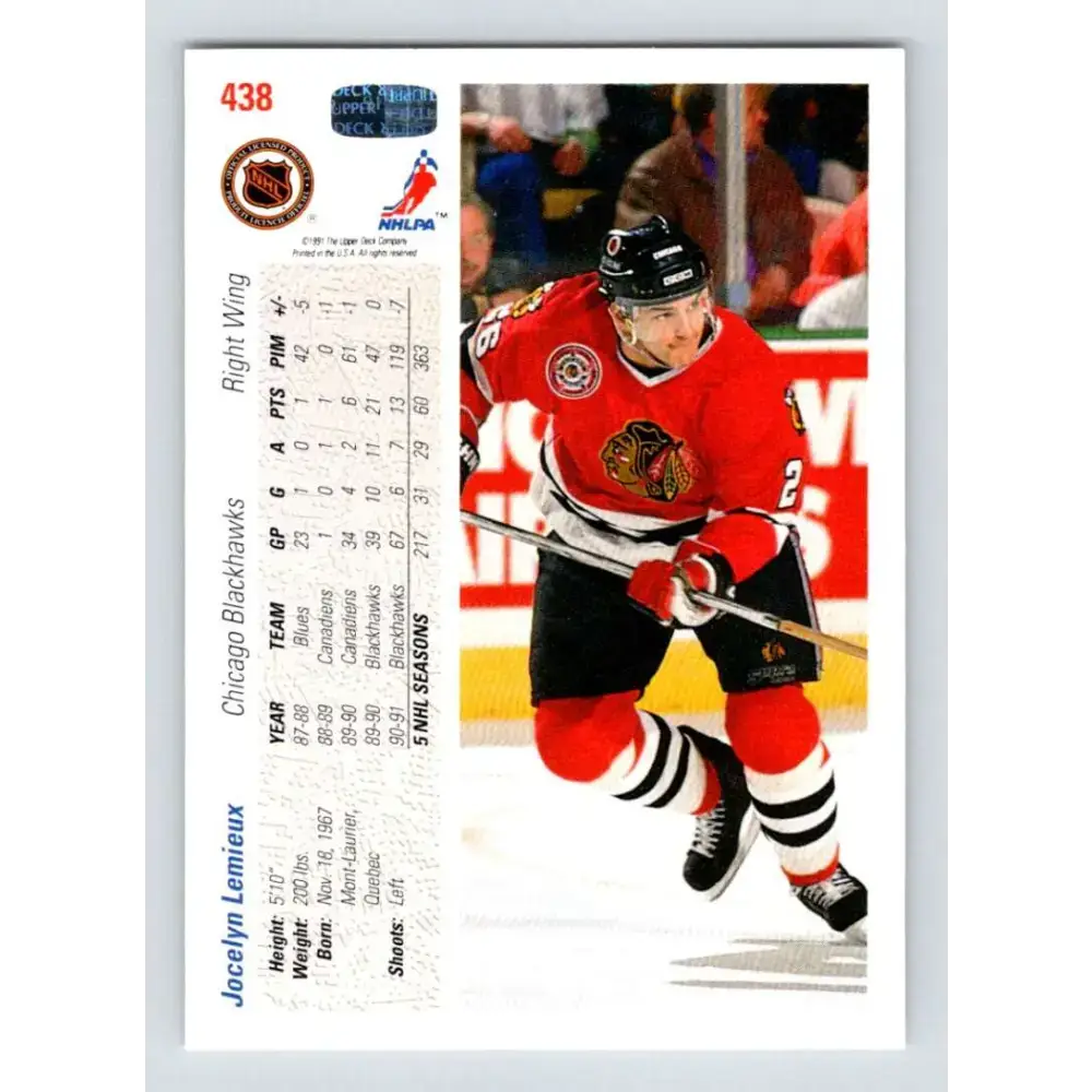 1991-92 Upper Deck #438 Jocelyn Lemieux NM-MT Chicago Blackhawks Hockey Card - Hockey Card Single