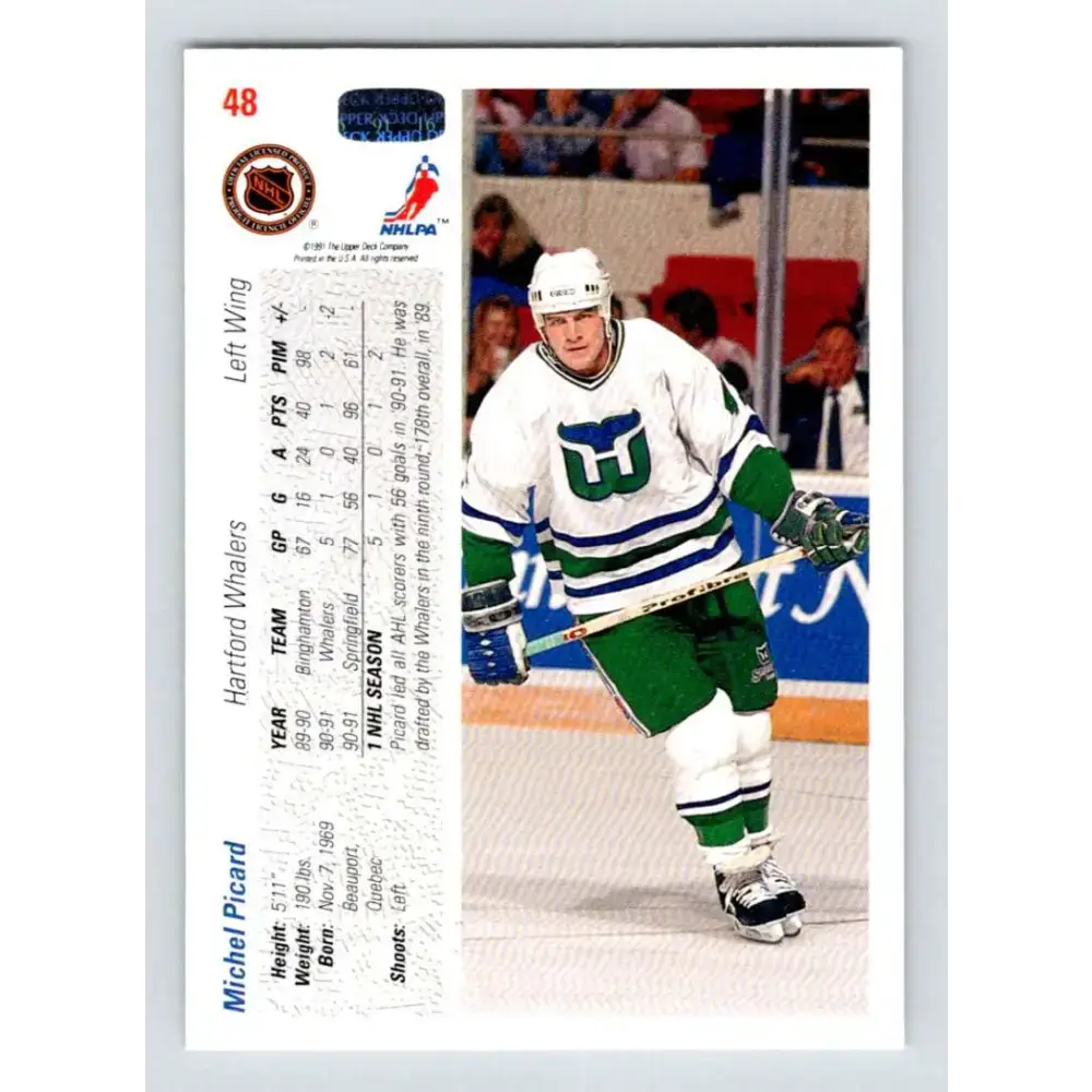 1991-92 Upper Deck #48 Michel Picard NM-MT RC Rookie Hartford Whalers Hockey Card - Hockey Card Single