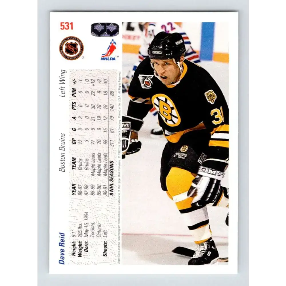 1991-92 Upper Deck #531 David Reid NM-MT Boston Bruins Hockey Card - Hockey Card Single