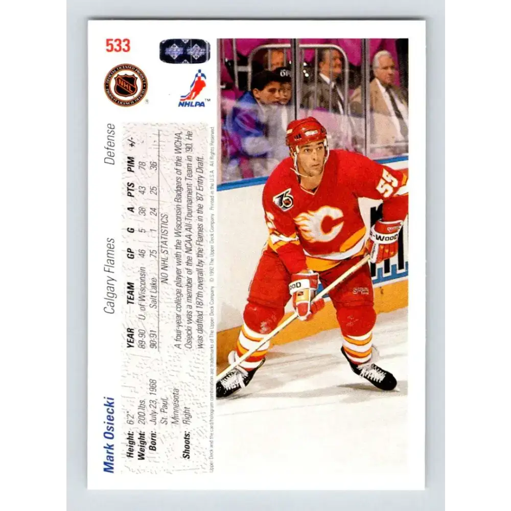 1991-92 Upper Deck #533 Mark Osiecki NM-MT RC Rookie Calgary Flames Hockey Card - Hockey Card Single