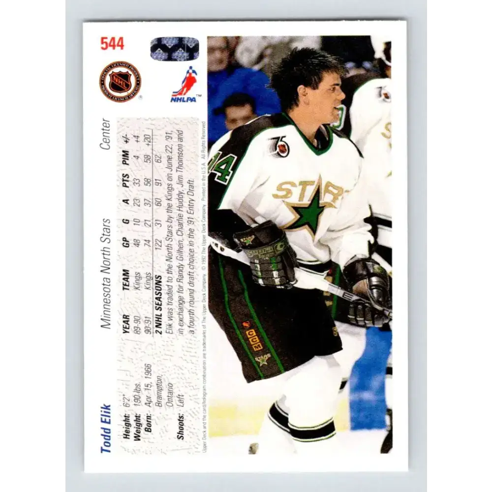 1991-92 Upper Deck #544 Todd Elik NM-MT Minnesota North Stars Hockey Card - Hockey Card Single