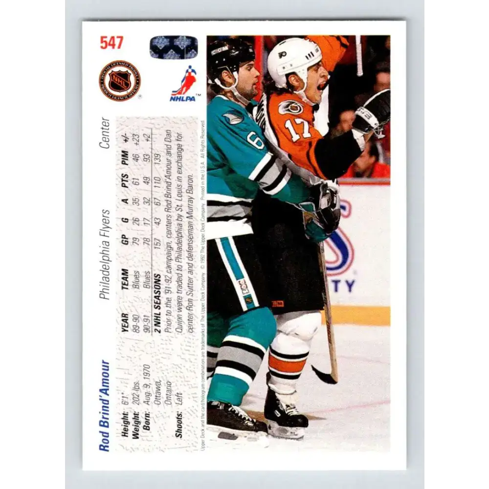 1991-92 Upper Deck #547 Rod Brind’Amour NM-MT Philadelphia Flyers Hockey Card - Hockey Card Single